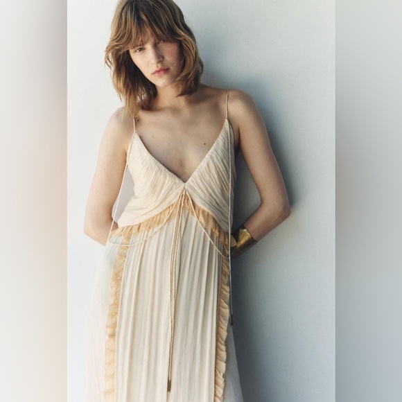 Zara Cream Maxi Dress long flowy boho summer casual vacation wedding sundress - Picture 5 of 13